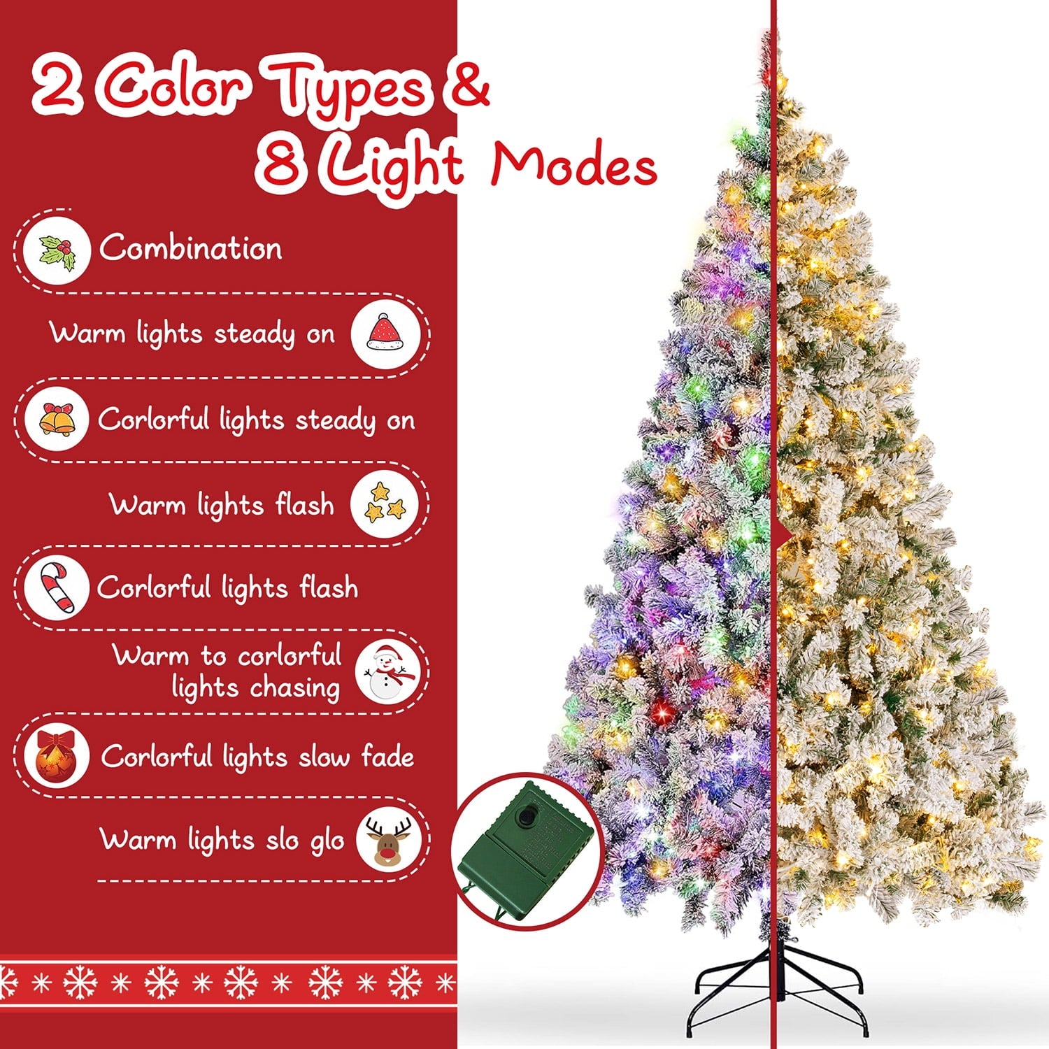 7ft Pre-Lit Snow Flocked Christmas Tree, Artificial Christmas Tree Holiday Decorations Indoor, Hinged Design, Warm White & Multicolor Lights