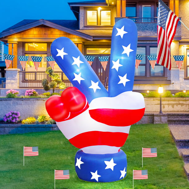 iFanze 5ft Tall Patriotic Independence Day Inflatables, 4th of July Decorations Victory Gesture with LED Lights, for Indoor Outdoor Lawn Yard Garden Decor, USA Peace Hand