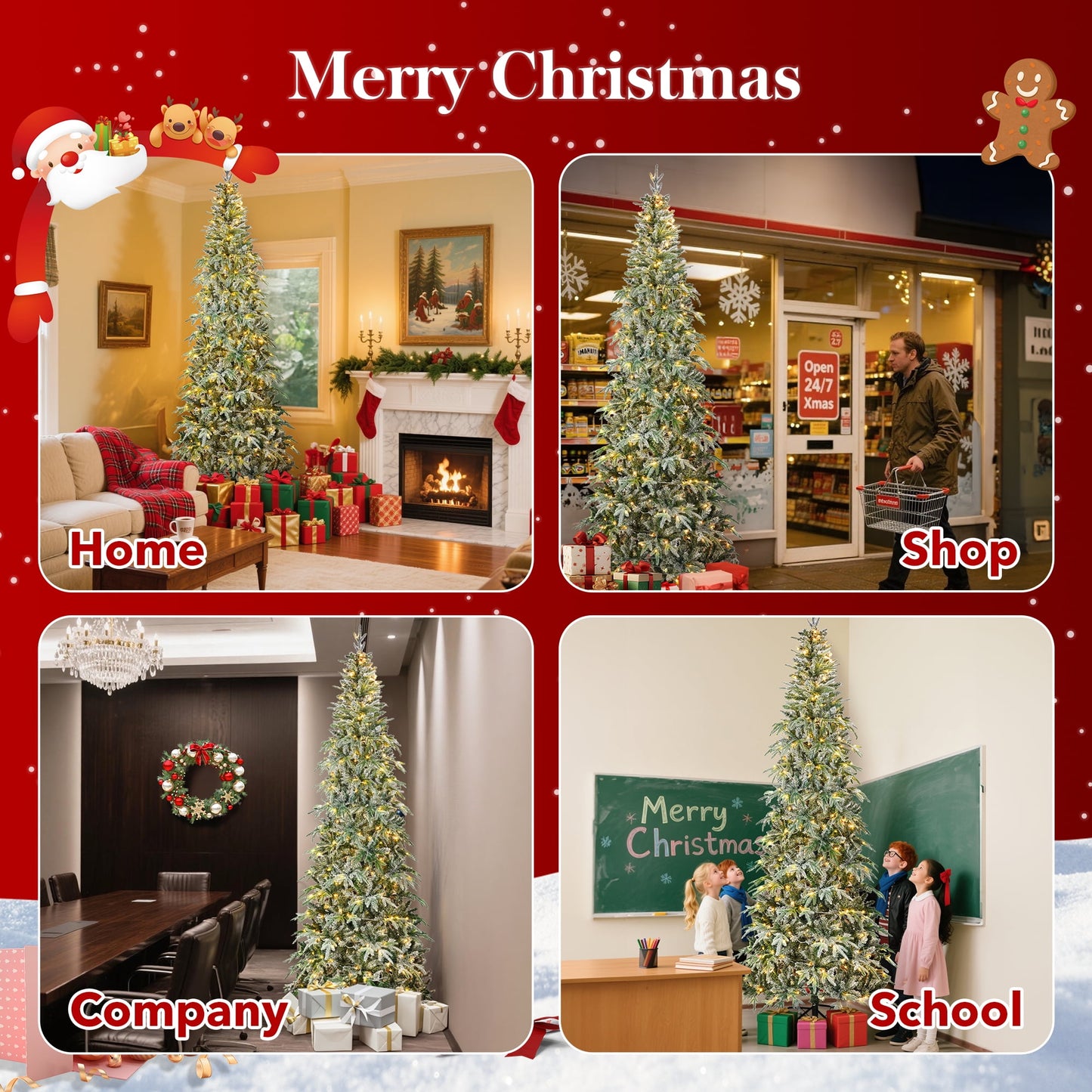 Qunler 9ft Pre-lit Snow Flocked Artificial Christmas Tree with 400 Warm Lights 8 Modes, 1100 PE+PVC Snowy Branches, white