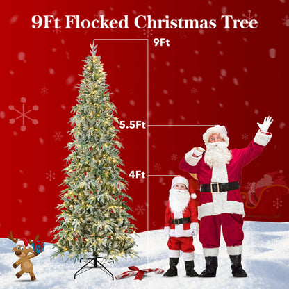 Qunler 9ft Pre-lit Snow Flocked Artificial Christmas Tree with 400 Warm Lights 8 Modes, 1100 PE+PVC Snowy Branches, white