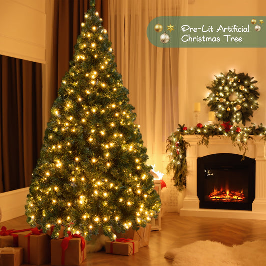 iFanze 7FT Pre-lit Artificial Full Christmas Tree, Green PVC Spruce Xmas Trees with 1300 Branch Tips & 300 Warm LED Lights
