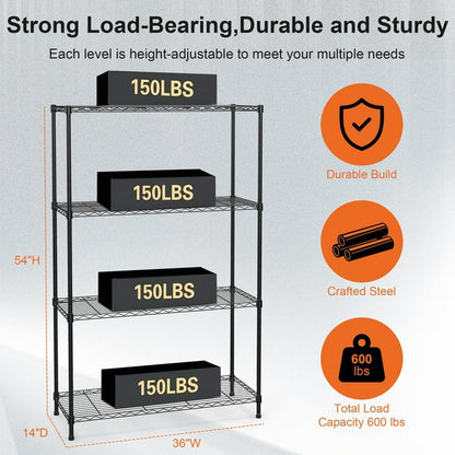 Qunler 4-Tier Storage Shelf Unit 54"H x 36"W x 14"D, Garage NSF Wire Shelving Steel Storage Shelves Heavy Duty Height Adjustable for 600lbs Capacity, Black
