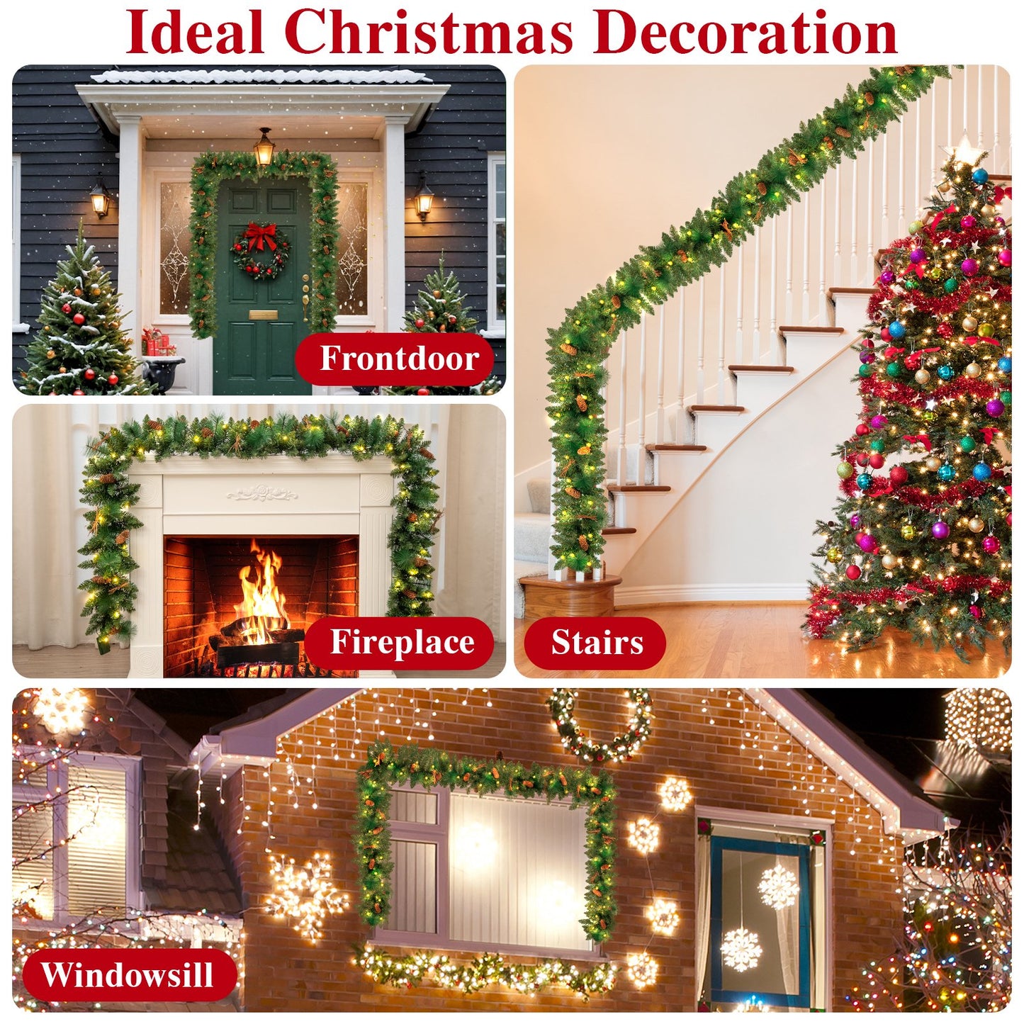 9ft Outdoor Pre-Lit Christmas Garland for Fireplace Mantel Stairs Doorway Indoor Outdoor Xmas Holiday Decoration,Battery Operated LED Lights