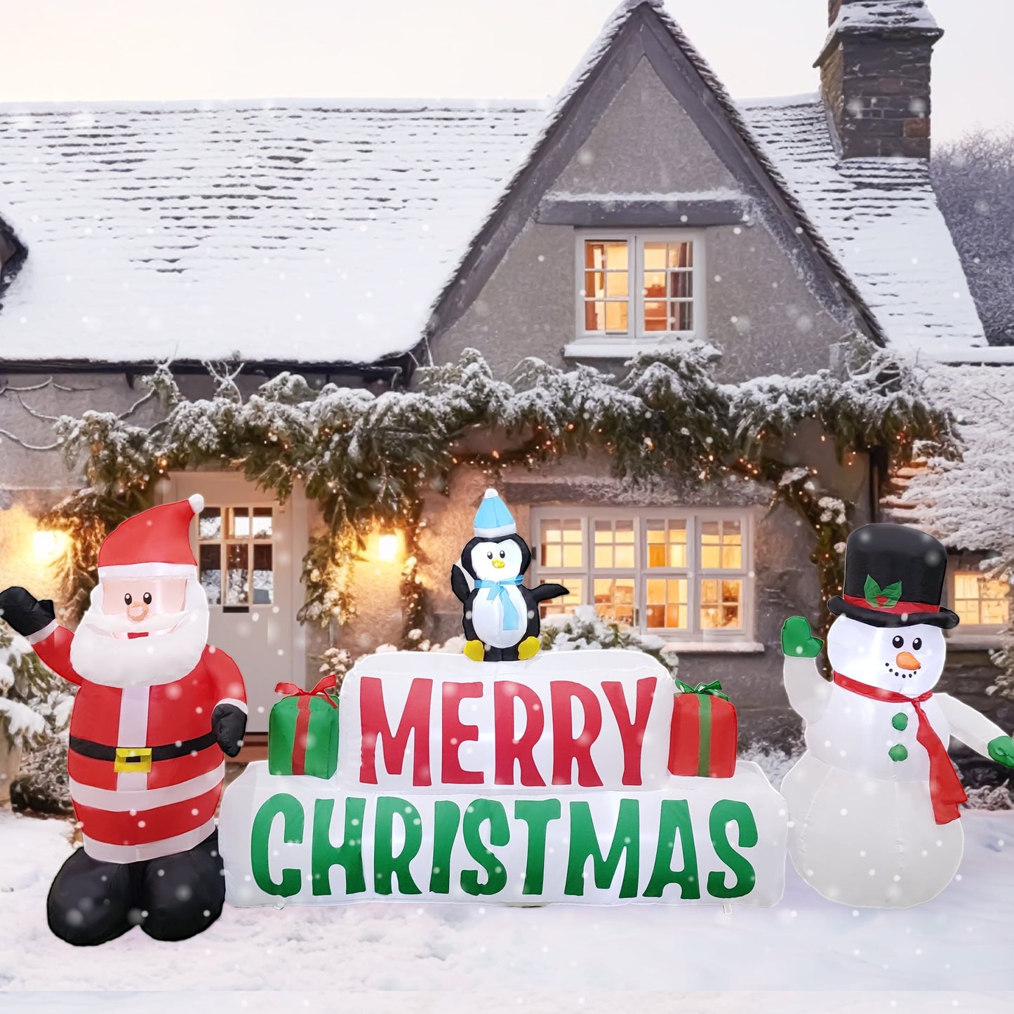 10ft Christmas Inflatable Merry Christmas Sign with Santa, snowman & penguin, Christmas Inflatable Decoration with Build-in LEDs for Xmas Party Outdoor Yard Garden Lawn Winter Decor