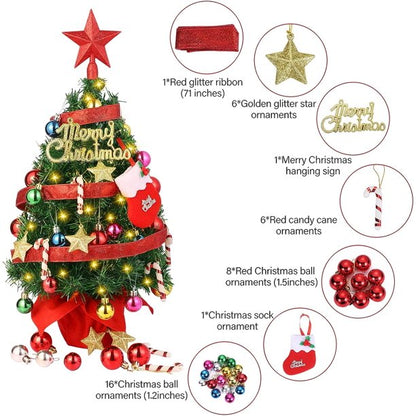 Melliful 20" Pre-LiTabletop Mini Christmas Tree Set with LED Light and Star Treetop Ornaments Balls Bells Pine Cones for Indoor Outdoor Xmas Decoration Home Fireplace Front Door, Include Wooden Base