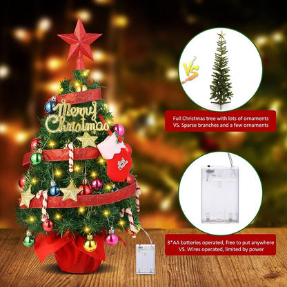 Melliful 20" Pre-LiTabletop Mini Christmas Tree Set with LED Light and Star Treetop Ornaments Balls Bells Pine Cones for Indoor Outdoor Xmas Decoration Home Fireplace Front Door, Include Wooden Base
