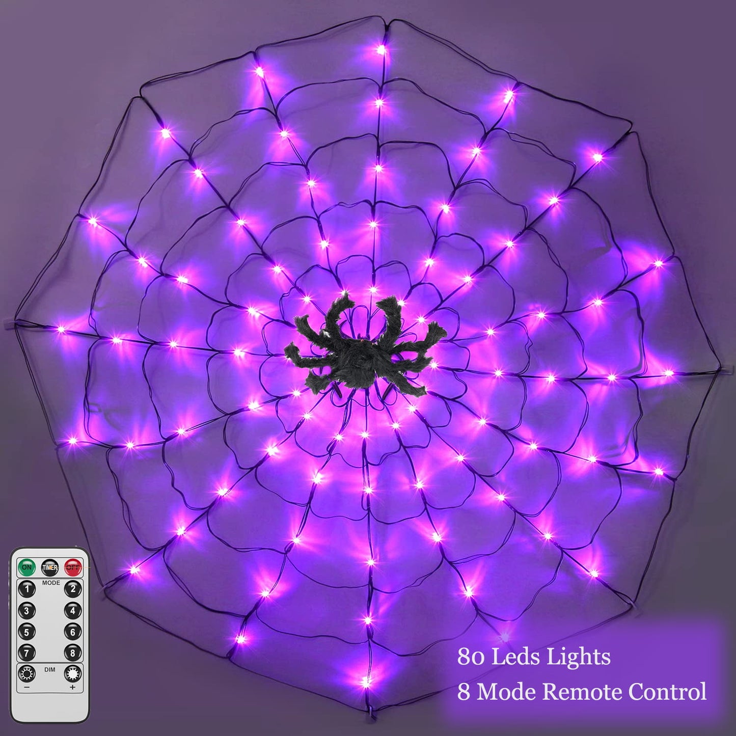 Melliful Halloween Spider Web Light with Black Spider, Purple 3.93 FT 8 Mode 80 LED Spider Web Lights Battery Operated, Suitable for Party, Yard, Indoor Outdoor Halloween Decoration