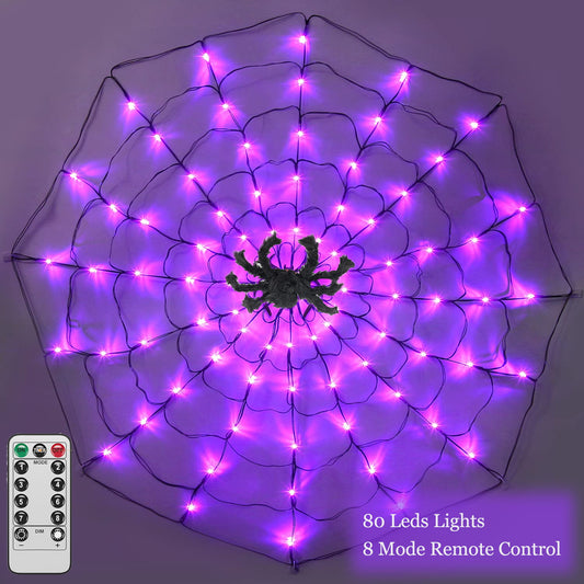 Melliful Halloween Spider Web Light with Black Spider, Purple 3.93 FT 8 Mode 80 LED Spider Web Lights Battery Operated, Suitable for Party, Yard, Indoor Outdoor Halloween Decoration