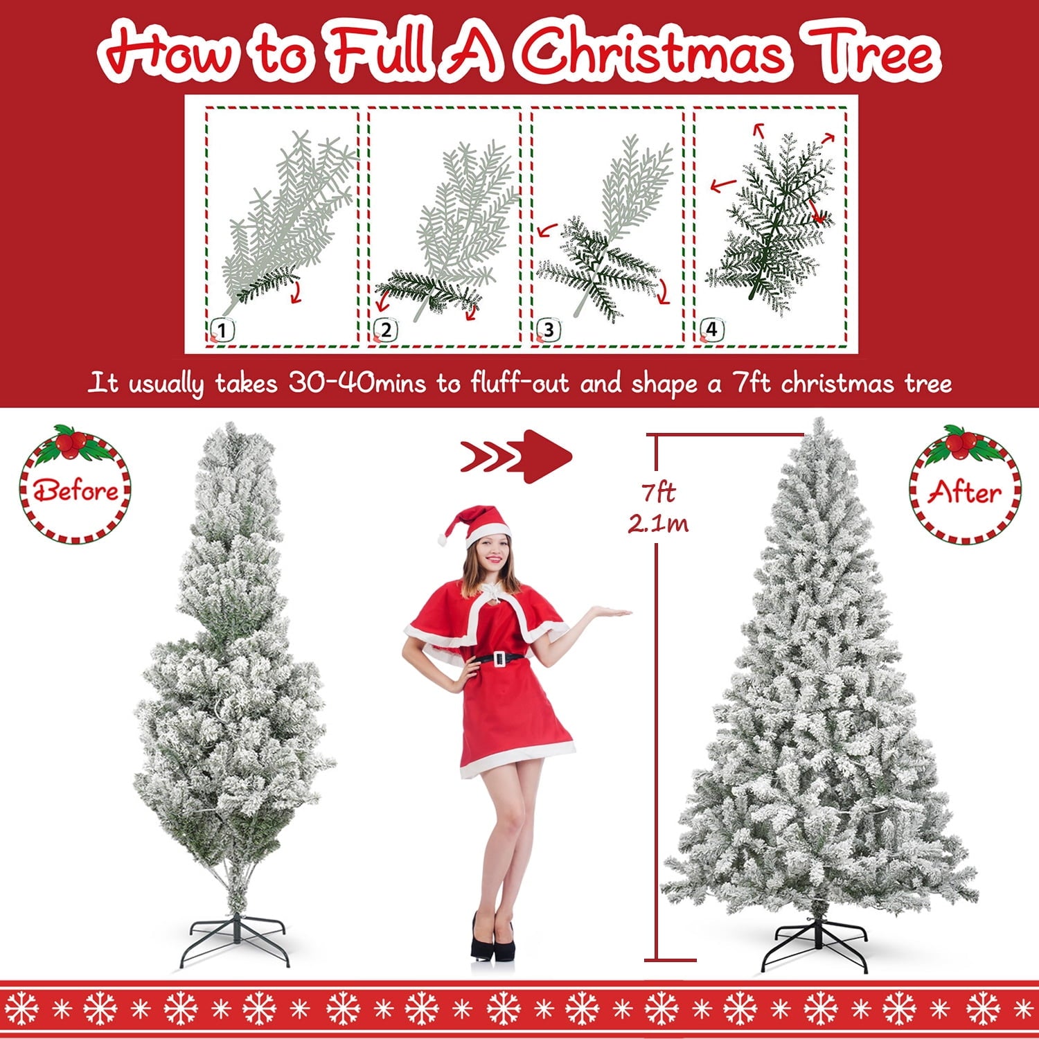 7ft Pre-Lit Snow Flocked Christmas Tree, Artificial Christmas Tree Holiday Decorations Indoor, Hinged Design, Warm White & Multicolor Lights