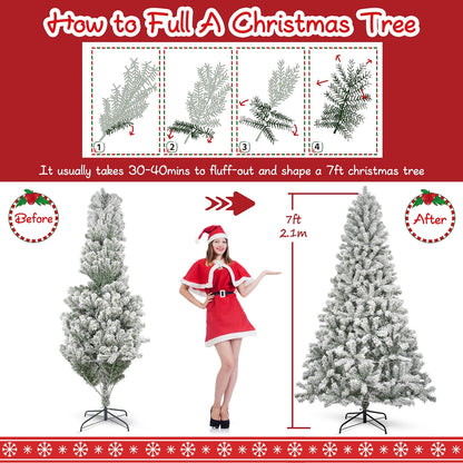 7ft Pre-Lit Snow Flocked Christmas Tree, Artificial Christmas Tree Holiday Decorations Indoor, Hinged Design, Warm White & Multicolor Lights