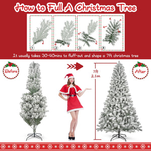 7ft Pre-Lit Snow Flocked Christmas Tree, Artificial Christmas Tree Holiday Decorations Indoor, Hinged Design, Warm White & Multicolor Lights