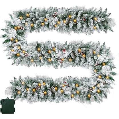 iFanze 9 FT Pre-Lit Christmas Garland with Lights for Outdoor Indoor, Lighted Pine Cone Snow Christmas Garlands with 80 LED Battery Powered String Light for Xmas Party Home Fireplace Front Decor