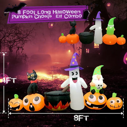 iFanze 8 FT Long Halloween Inflatable Decorations, Blow Up Pumpkin Ghost with Witch Cauldron Halloween Yard Decorations, Built-in LED Lights for Outdoor Holiday Party Yard Lawn