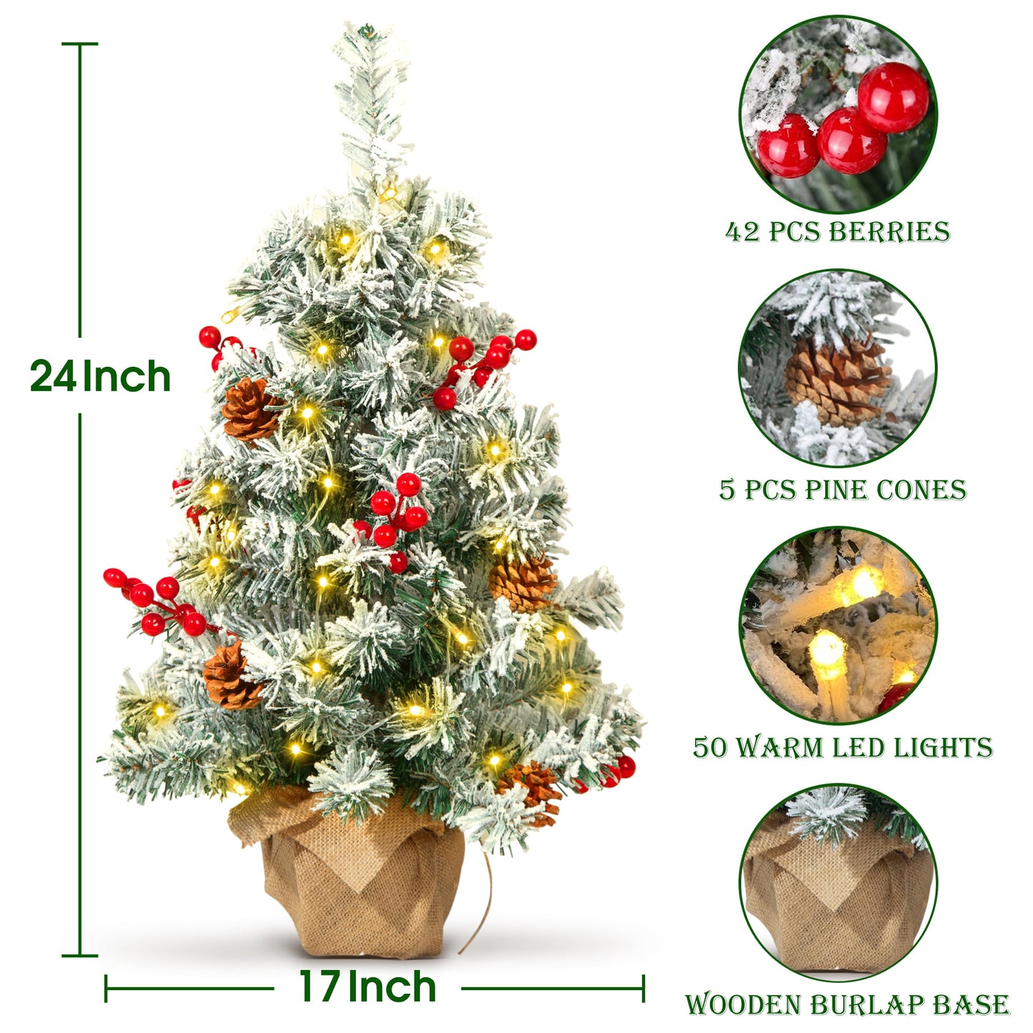 20in Pre-Lit Tabletop Artificial Christmas Tree in Green for Home, Office, Party Decoration with LED Light String, red Star Topper and Christmas Tree Ornaments set. Foldable Stand