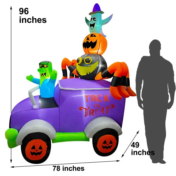 iFanze 8FT Halloween Inflatables Decor Frankenstein Driving A Car with Spider, Pumpkin and Ghost, LED Lights Built-in, Indoor Outdoor Holiday Yard Blow Up Decorations