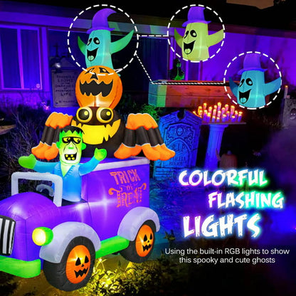 iFanze 8FT Halloween Inflatables Decor Frankenstein Driving A Car with Spider, Pumpkin and Ghost, LED Lights Built-in, Indoor Outdoor Holiday Yard Blow Up Decorations