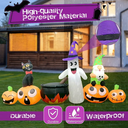 iFanze 8 FT Long Halloween Inflatable Decorations, Blow Up Pumpkin Ghost with Witch Cauldron Halloween Yard Decorations, Built-in LED Lights for Outdoor Holiday Party Yard Lawn