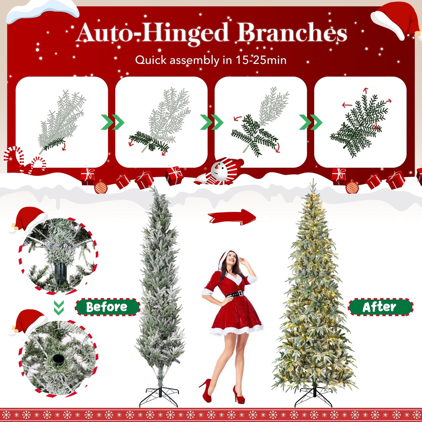Qunler 9ft Pre-lit Snow Flocked Artificial Christmas Tree with 400 Warm Lights 8 Modes, 1100 PE+PVC Snowy Branches, white