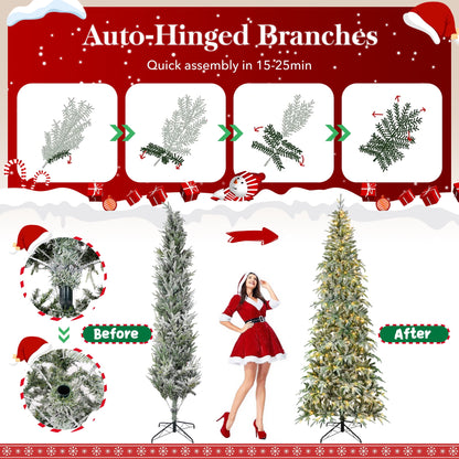Qunler 9ft Pre-lit Snow Flocked Artificial Christmas Tree with 400 Warm Lights 8 Modes, 1100 PE+PVC Snowy Branches, white