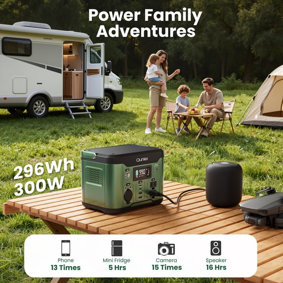 Qunler 300W 296Wh Portable Power Station, Pure Sine Wave 120V AC Outlet, 60W USB-C PD Backup Power Supply for Camping & Emergency，Green