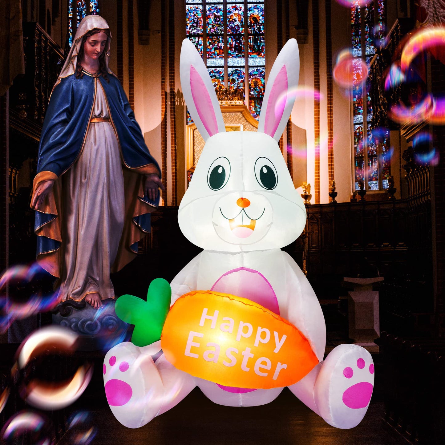 Melliful 4FT Easter Inflatable Bunny with Carrot Built-in LED Lights for Indoor Outdoor Yard Holiday Party Decoration