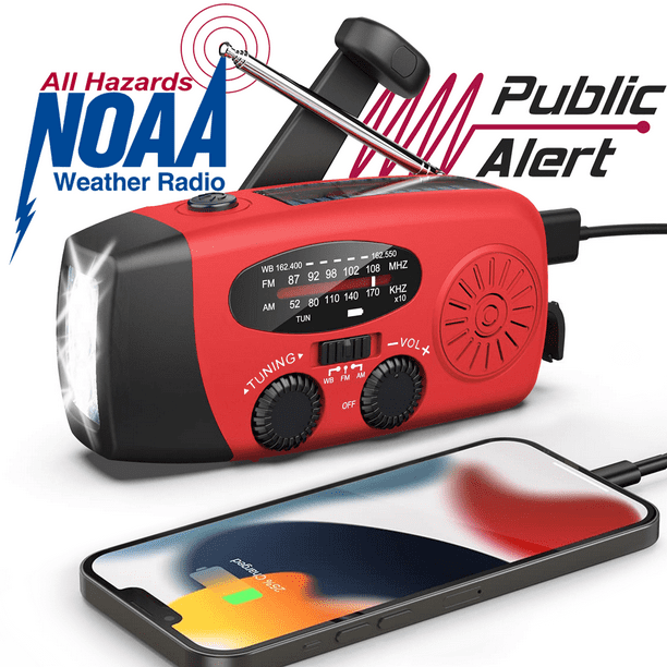 NOAA Weather Radio, posrue AM FM WB Hand Crank Emergency Radio, 2000mAh Rechargeable Power Bank for Phone Charger Portable Solar Radio, Weather Alert, Flashlight for Emergency