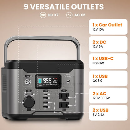Qunler 300W 296Wh Portable Power Station, 60W USB-C PD, Pure Sine Wave 120V AC Outlet for Camping, Home Backup and Emergency Use, Gray