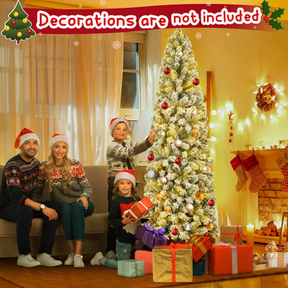 Qunler 6ft Prelit Artificial Floacked Pencil Christmas Tree with 200 Warm White & Multicolor Lights for Indoor Outdoor Christmas Holiday Decor