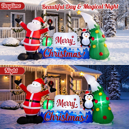 12ft Christmas Inflatables, Lighted Merry Christmas Sign with Santa, Christmas Tree, and Penguin, Giant Blow Up Outdoor Christmas Lawn Yard Decoration