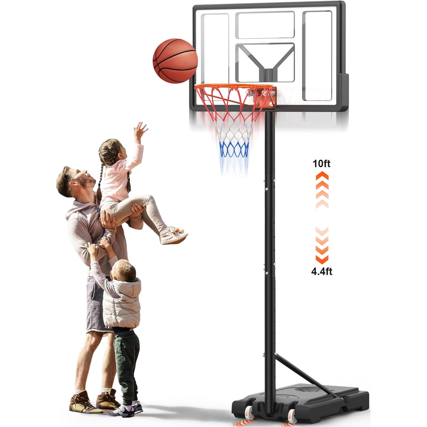 Qunler Basketball Hoop, 4.4-10ft Height Adjustable Portable Basketball Goal System, 44" Backboard, 18" Rim, Kids Adults Basketball Hoop Indoor Outdoor