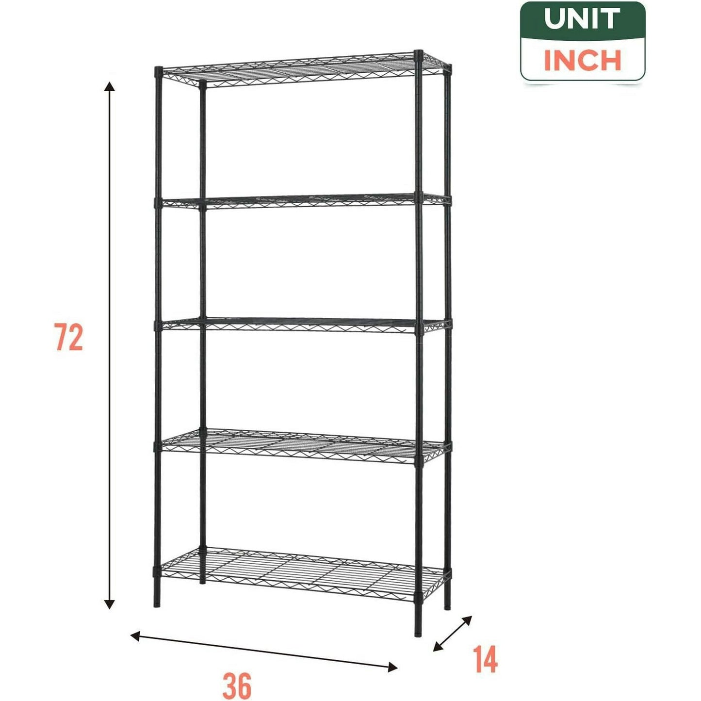 Qunler 5-Tier Storage Shelf Unit, 72"H x 36"L x 14"W Heavy Duty Metal Wire Shelving Rack for Kitchen Garage, Adjustable Layer Height, 1250lbs Capacity, Black
