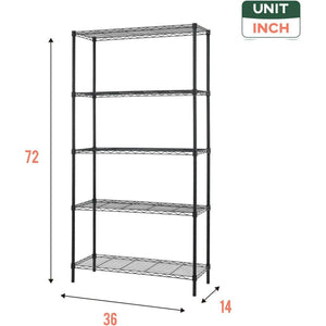 Qunler 5-Tier Storage Shelf Unit, 72"H x 36"L x 14"W Heavy Duty Metal Wire Shelving Rack for Kitchen Garage, Adjustable Layer Height, 1250lbs Capacity, Black