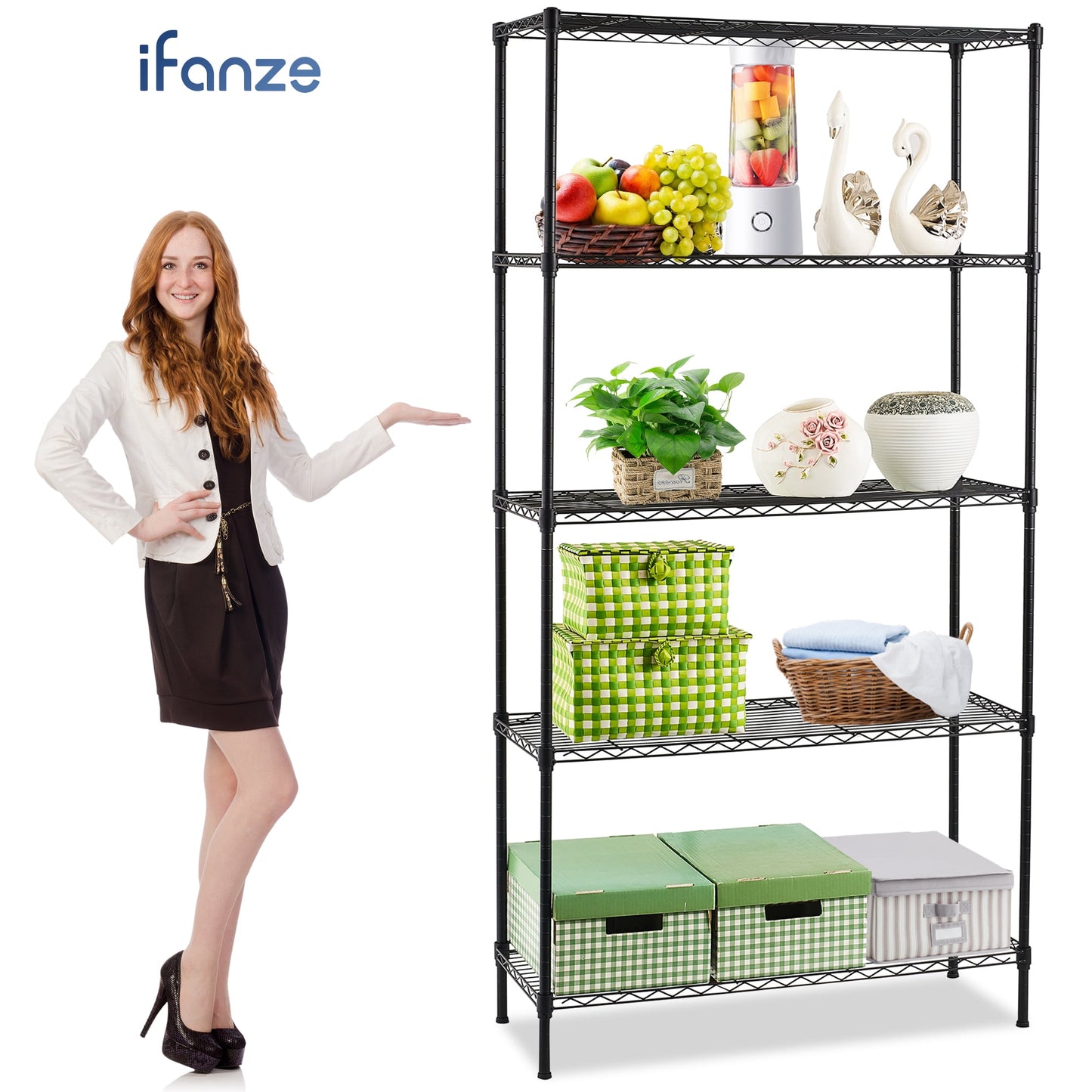 Qunler 5-Tier Storage Shelf Unit, 72"H x 36"L x 14"W Heavy Duty Metal Wire Shelving Rack for Kitchen Garage, Adjustable Layer Height, 1250lbs Capacity, Black