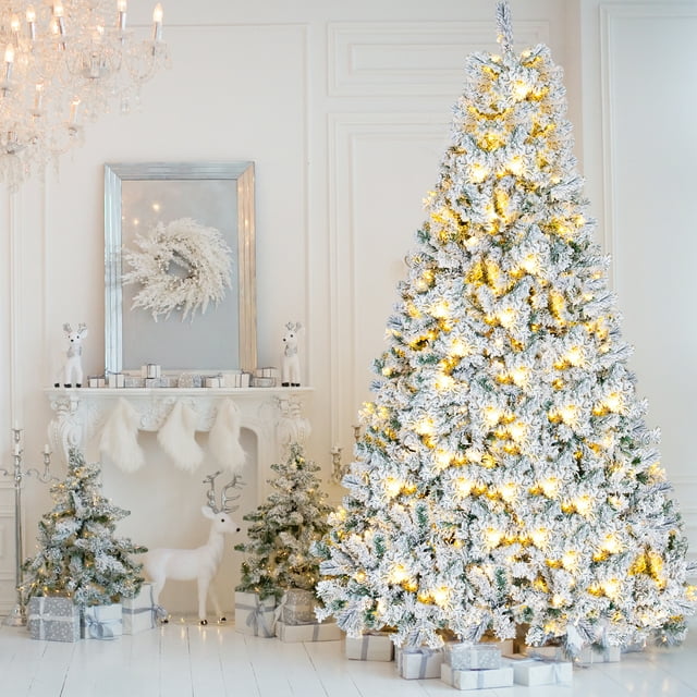 iFanze 6ft Pre-Lit Snow Flocked Christmas Tree with 1000 Tips 250 Warm Lights, Hinged Artificial Holiday Xmas Pine Tree, White