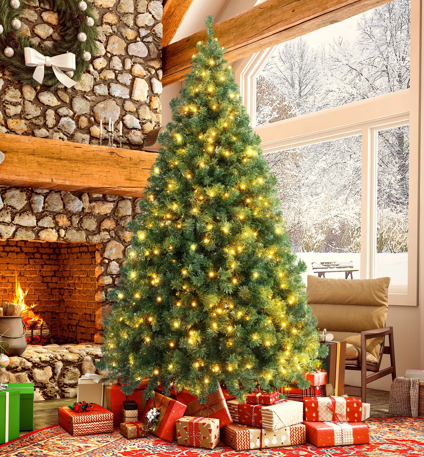 iFanze 7FT Pre-lit Artificial Full Christmas Tree, Green PVC Spruce Xmas Trees with 1300 Branch Tips & 300 Warm LED Lights