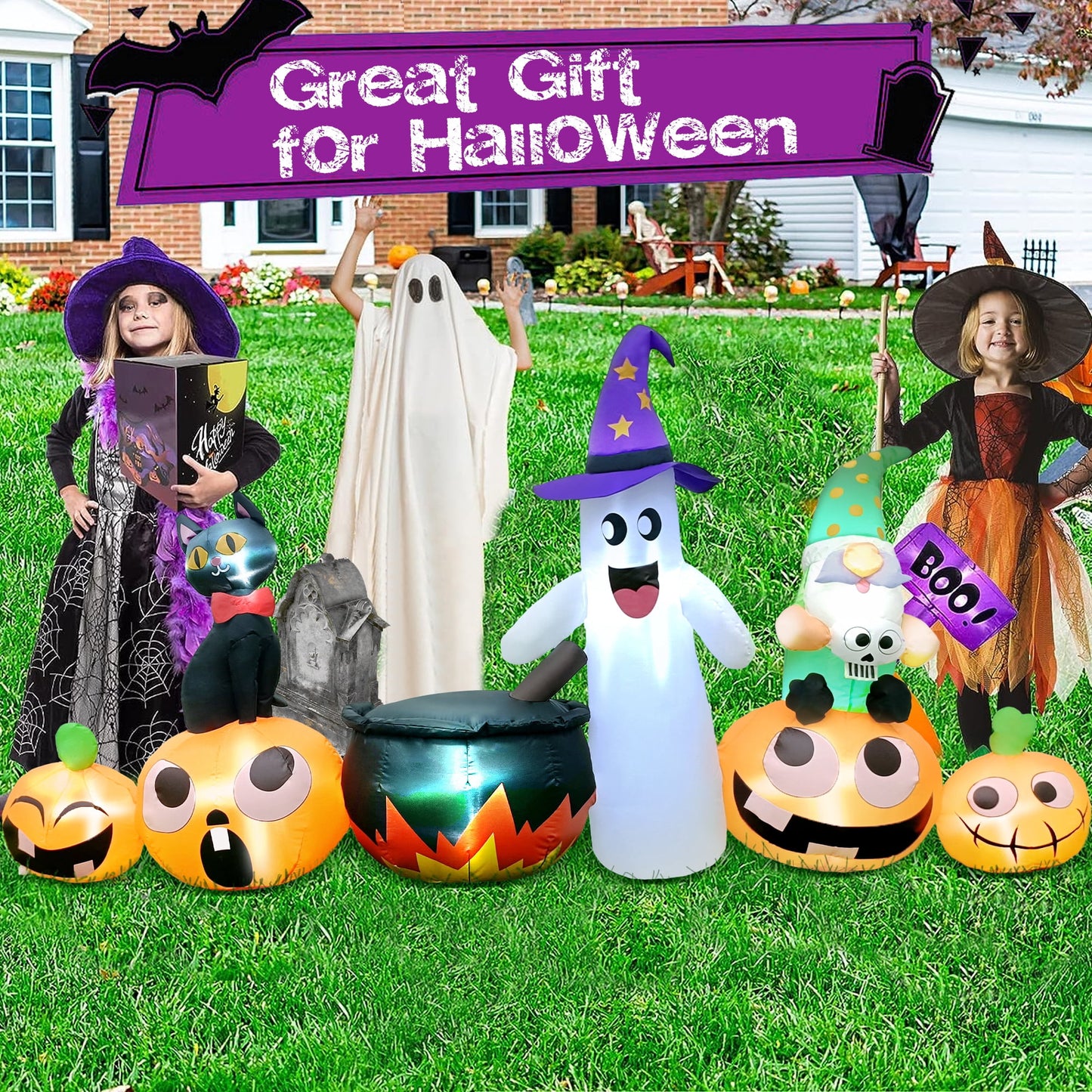 iFanze 8 FT Long Halloween Inflatable Decorations, Blow Up Pumpkin Ghost with Witch Cauldron Halloween Yard Decorations, Built-in LED Lights for Outdoor Holiday Party Yard Lawn