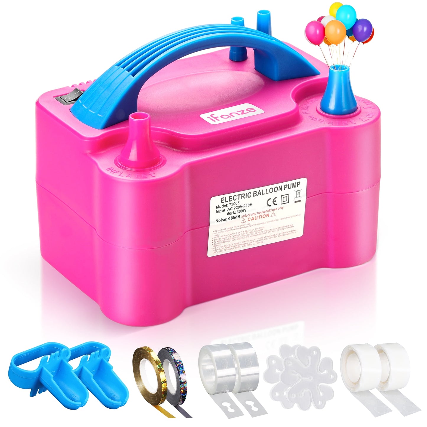 iFanze Balloon Pump, Dual Nozzle Balloon Inflator pump, 600W 110V Portable Air balloon pump for all Balloon Arch Party Birthday Decoration, Rose Red