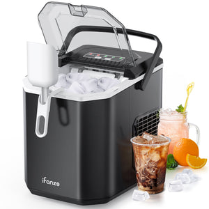 iFanze Ice Maker Countertop, 2 Sizes 9 Bullet Ice Cubes in 6 Mins, 26lbs/24Hrs, Self Cleaning Pebble Ice Machine with Ice Basket and Scoop, Small Portable Ice Cube Maker for Home, Kitchen, Camping