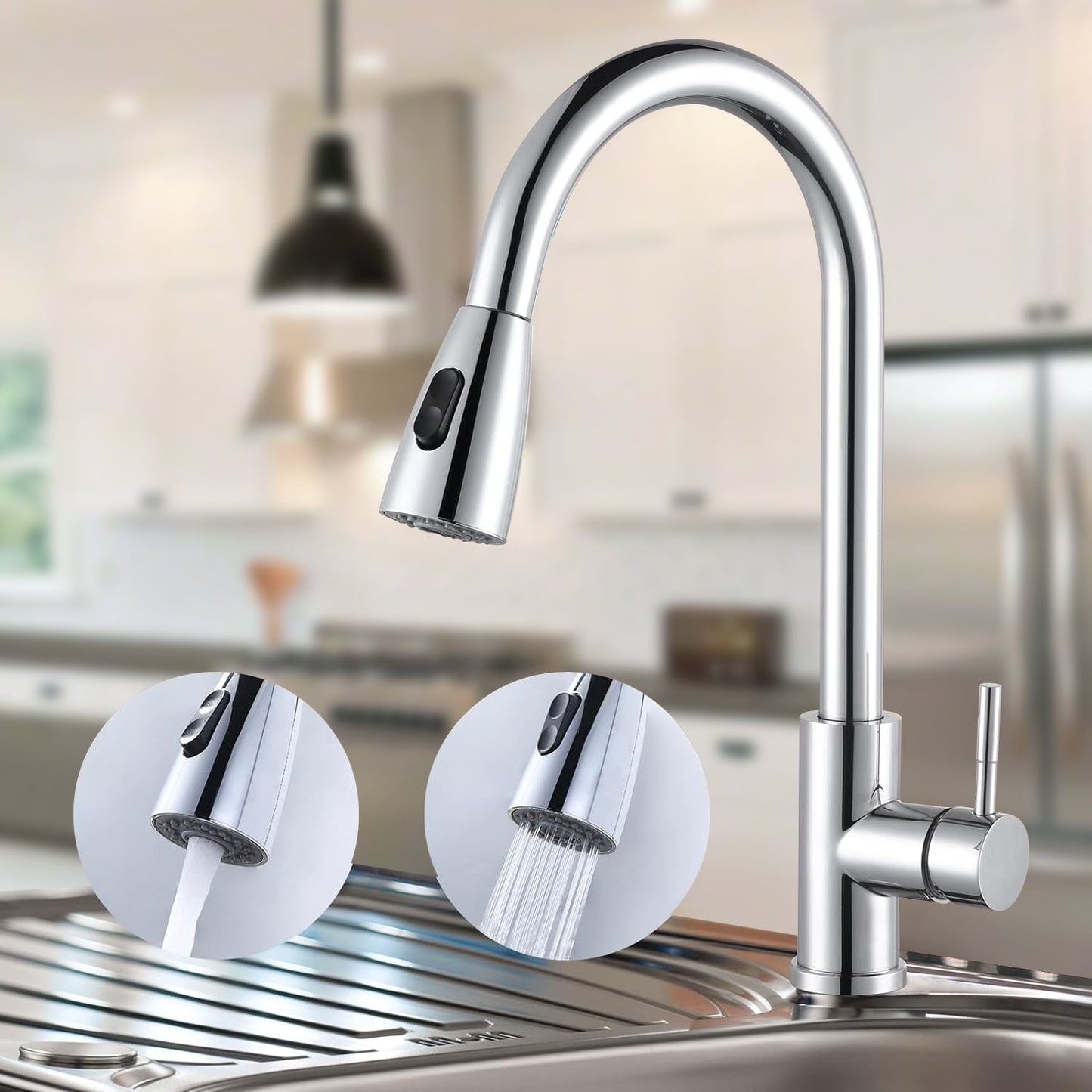 Qunler Kitchen Faucets, Brushed Nickel Kitchen Faucet with Pull Down Sprayer, High Arc Single Handle Stainless Steel Sink Faucets