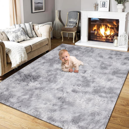 Qunler Large Area Rug, 5ft x 8ft Shag Living Room Rug, Indoor Modern Tie-dye Area Rugs for Bedroom, Rectangle Fluffy Home Carpets, Gray