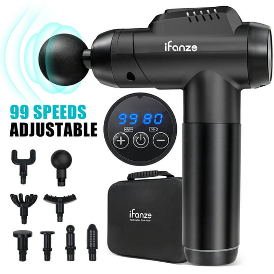 iFanze Massage Gun Deep Tissue, 99 Speeds Quiet Percussion Handheld Electric Muscle Massager with 8 Replacement Heads for Gym Office Home Post-Workout Recovery, Black