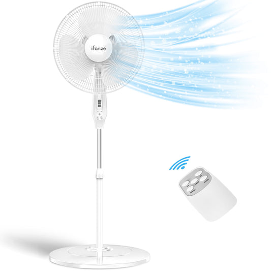 iFanze Pedestal Fan , Remote Control, Oscillating Pedestal Fan, Adjustable Height, 3 Speeds for Bedroom, Living Room, Kitchen, 16" , White