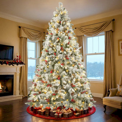 Qunler Pre-Lit Snow Flocked Christmas Tree, 7.5ft Artificial Snowy Pine Tree with 8 LED Light Modes & Sturdy Metal Base, Ideal for Home Office Party Xmas Holiday Decorations