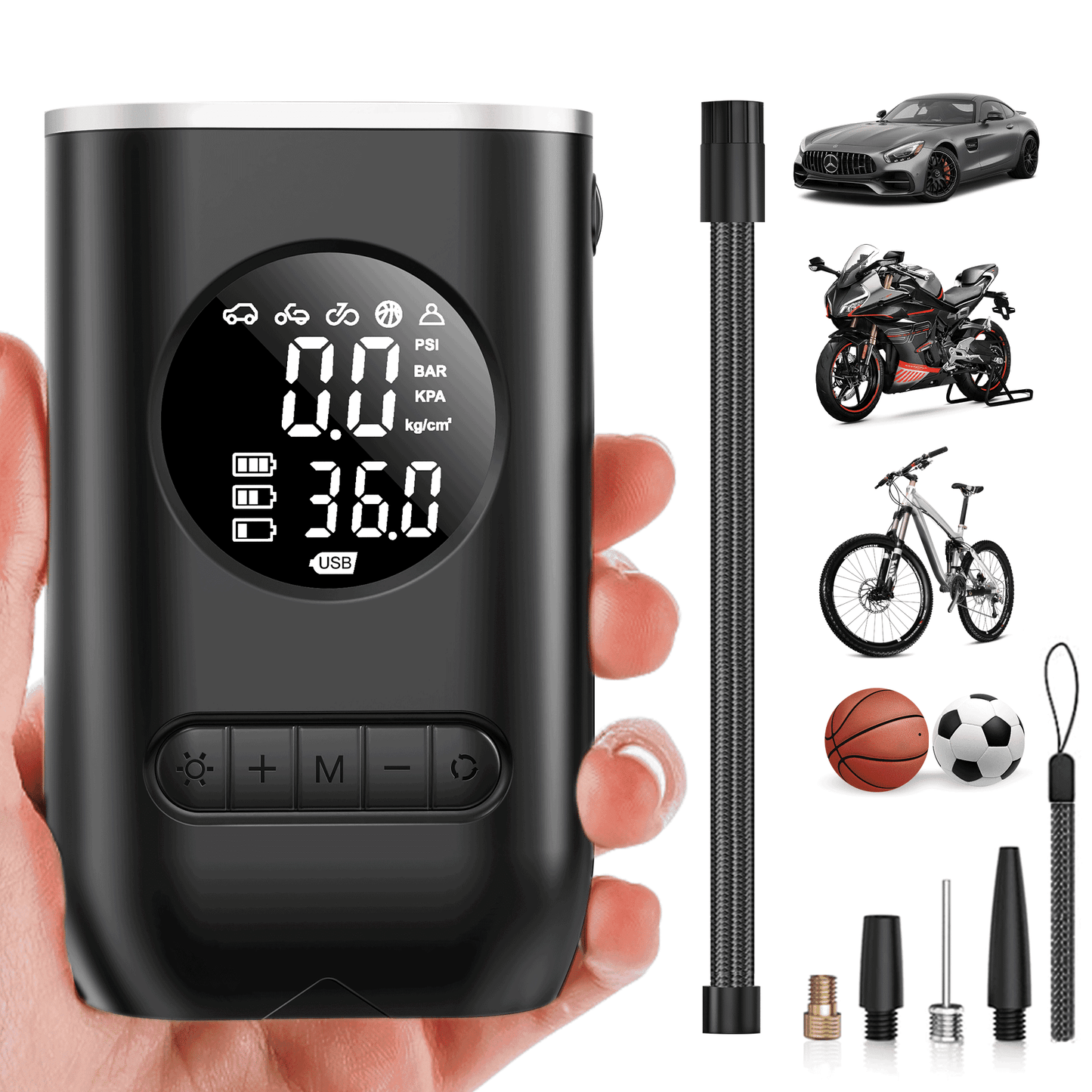 Qunler Tire Inflator Portable Air Compressor, 150PSI Cordless Air Pump for Car Tires with Digital Pressure Gauge, Rechargeable Tire Pump with Flashlight for Car Bike Motorcycles Balls