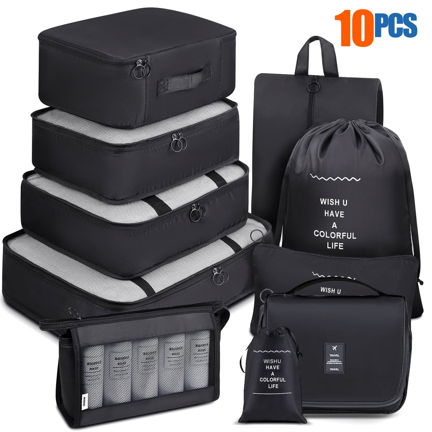 ifanze 10 Set Packing Cubes for Travel, Travel Essentials Luggage Organizer Bags Set for Travel Accessories, Black