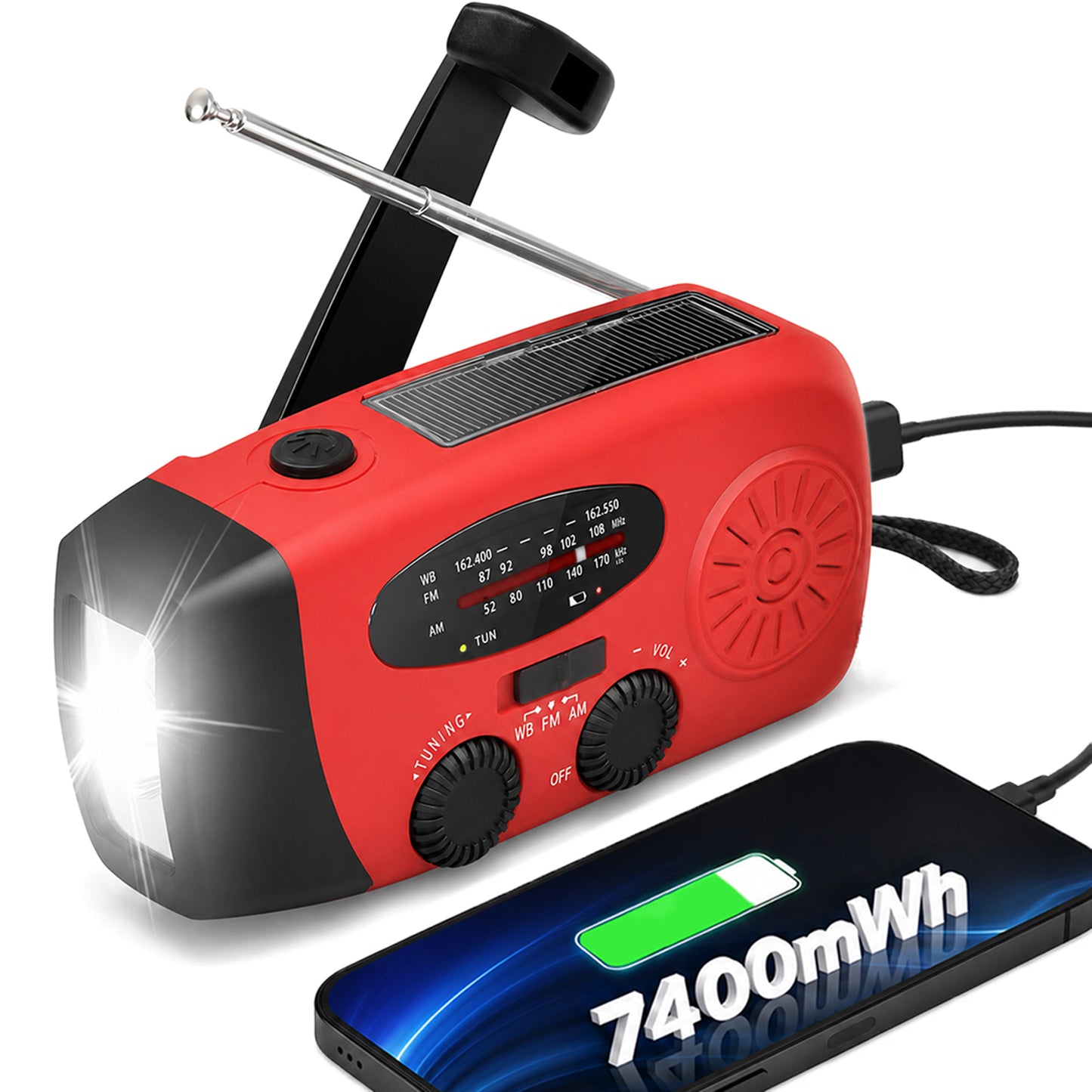 Emergency Hand Crank Radio with LED Flashlight, AM/FM/NOAA Portable Weather Radio with Built-in 2000mAh Battery, Solar Powered Radio for Indoor Outdoor Survival Camping