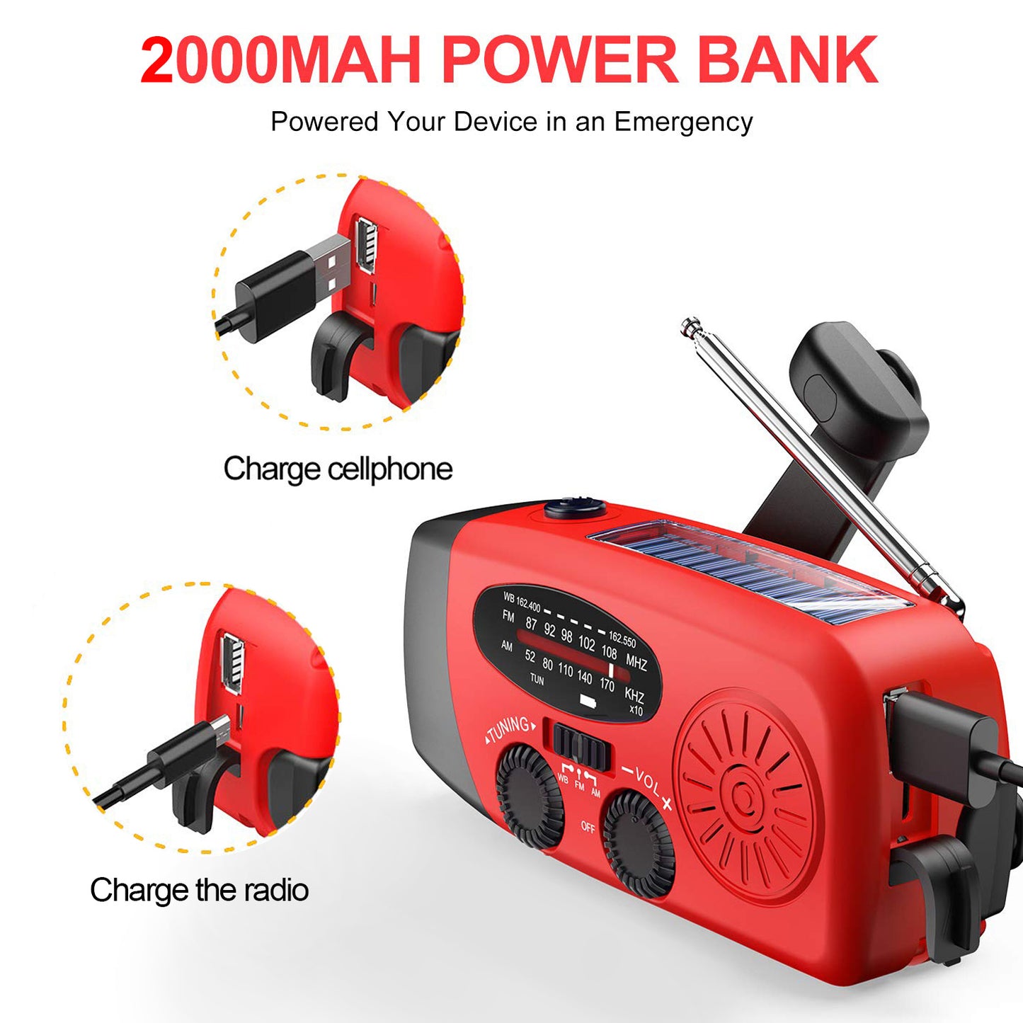 Emergency Hand Crank Radio with LED Flashlight, AM/FM/NOAA Portable Weather Radio with Built-in 2000mAh Battery, Solar Powered Radio for Indoor Outdoor Survival Camping