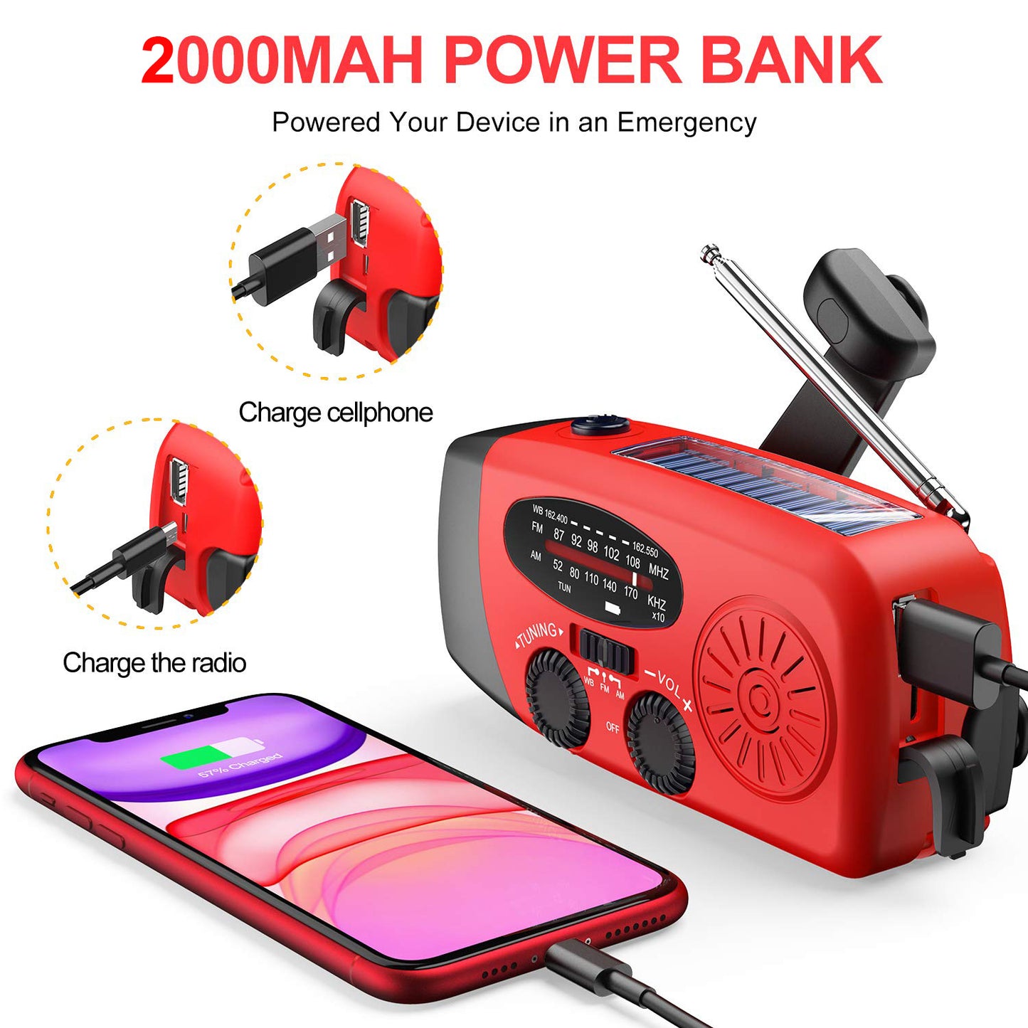 Emergency Hand Crank Radio with LED Flashlight, AM/FM/NOAA Portable Weather Radio with Built-in 2000mAh Battery, Solar Powered Radio for Indoor Outdoor Survival Camping
