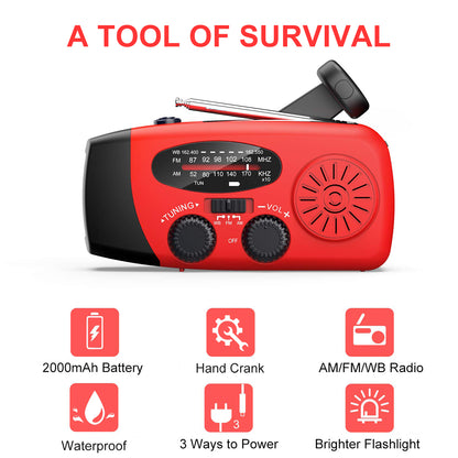Emergency Hand Crank Radio with LED Flashlight, AM/FM/NOAA Portable Weather Radio with Built-in 2000mAh Battery, Solar Powered Radio for Indoor Outdoor Survival Camping