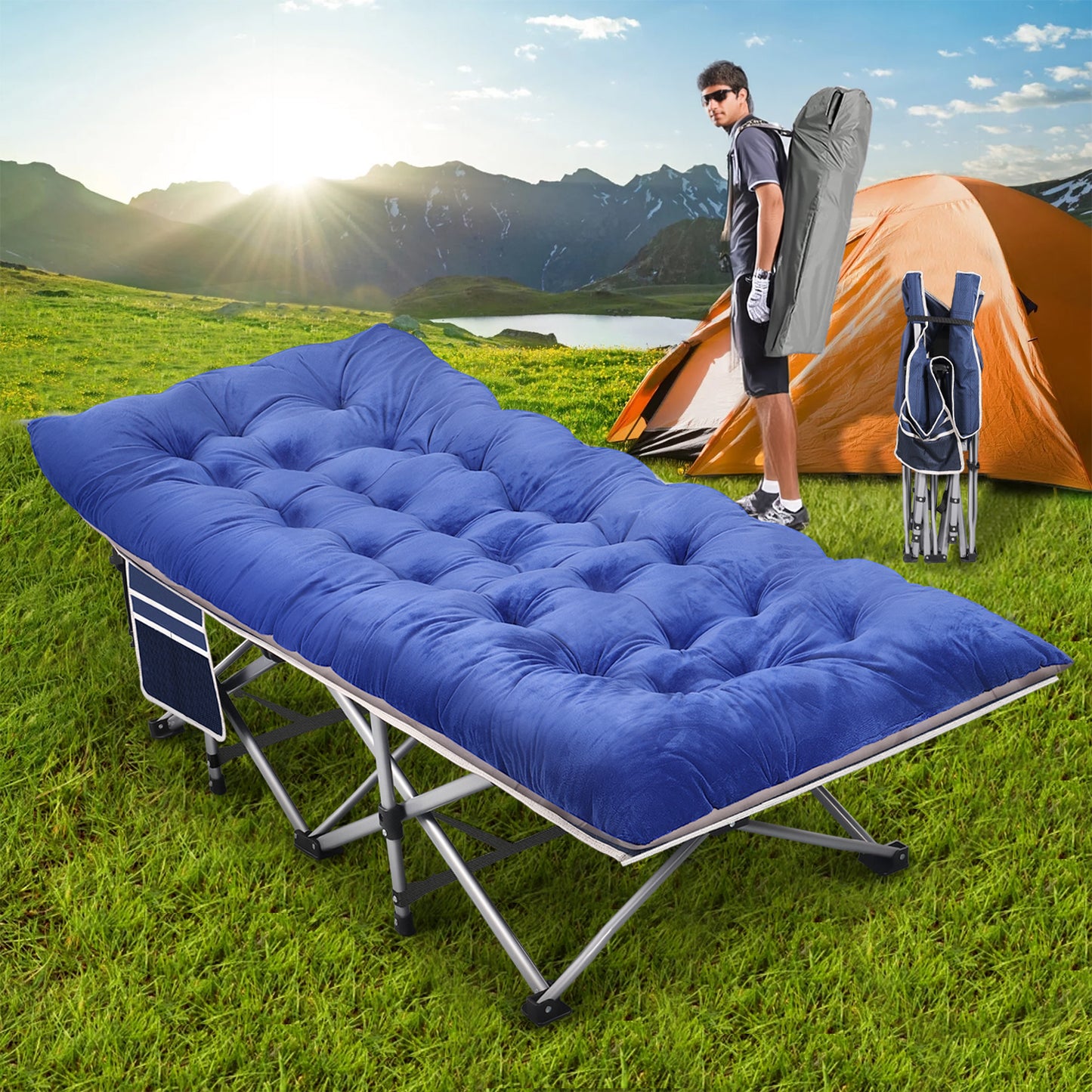Qunler Folding Camping Cot for Adults, 75"* 28" Portable Guest Bed with 4 Inch Double-Sided Velvet Mattress, 600lbs Loading Sleeping Cot with Carry Bags for Hiking Home Office and Vacation, Blue